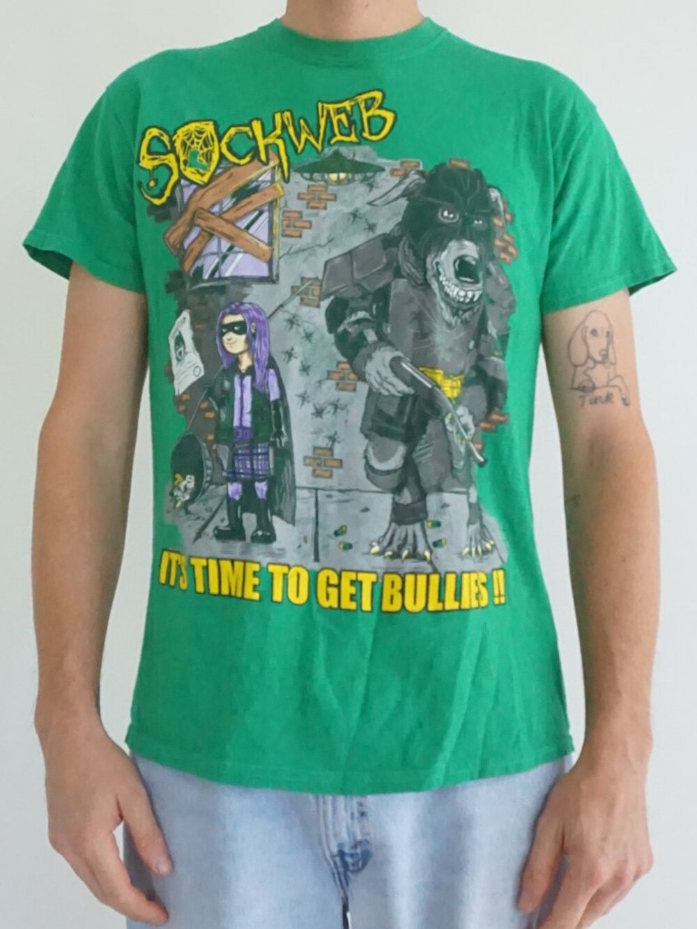 Gildan Green Sockweb Yellow Gorilla Cartoon Band Short Sleeve Cotton Blend Tee M